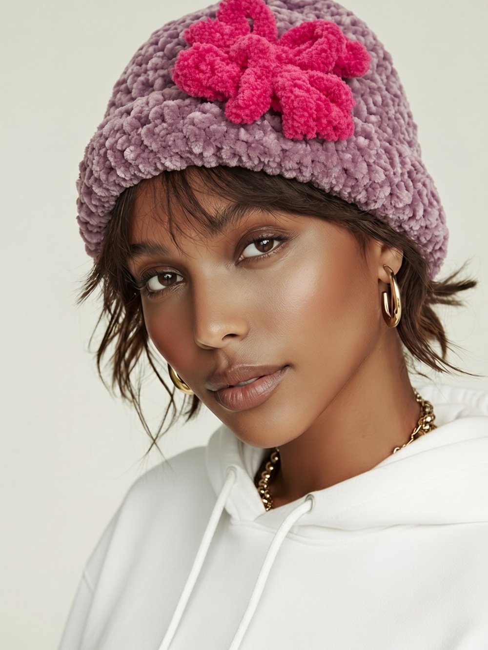 Earthy Wise Woman Crochet Plush Chenille Cloche Hat with Statement Pink Flower 🌸